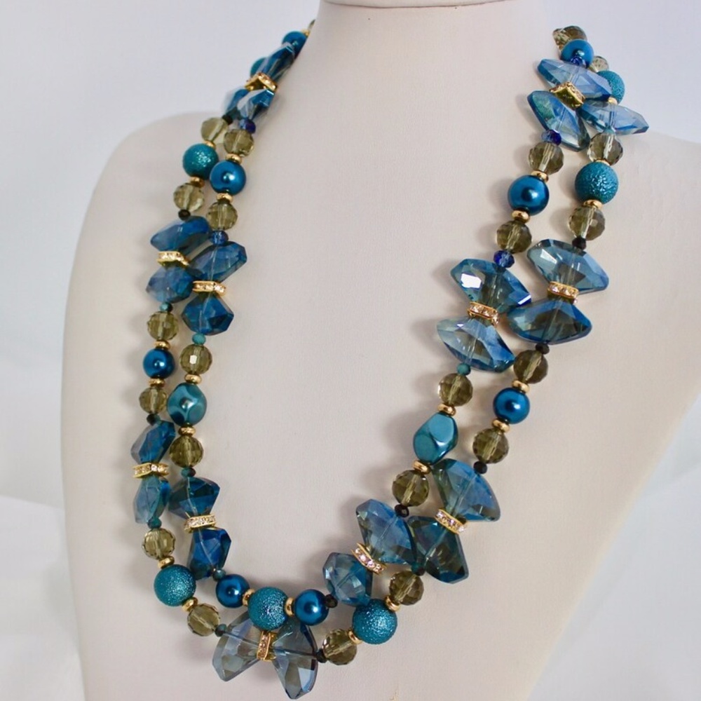 Royal Blue Crystals Pearls Statement Necklace Two Strand Sapphire Gold Rhineston - Picture 9 of 10